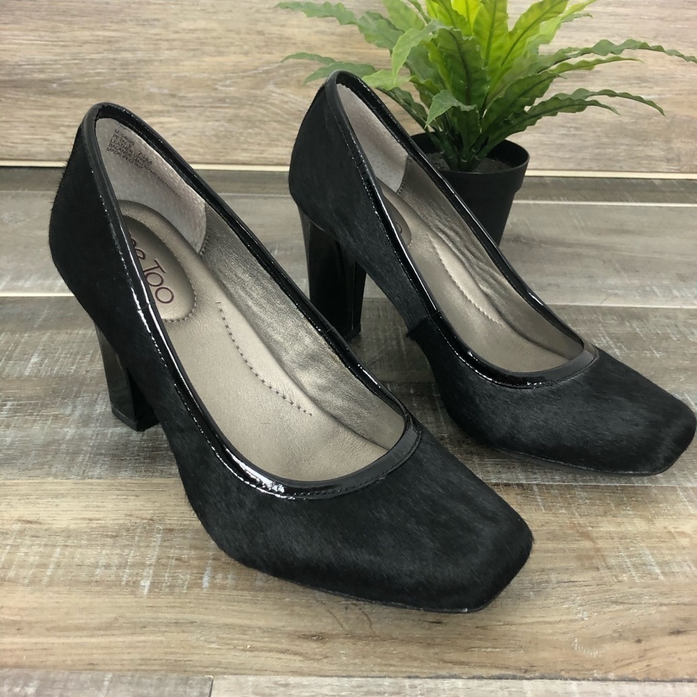 ME TOO Petal 9 Calf Hair Leather Black Patent Leather Heels Size 7.5